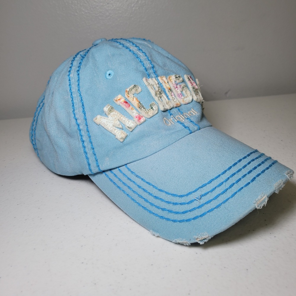 Robin Ruth Michigan Ball Cap Hat Womens Distressed Light Blue Floral